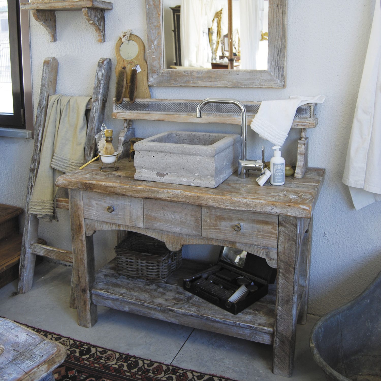 Meuble vasque à poser / en bois / classique vintage bleu provence