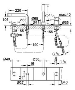 mitigeur pour baignoire / en métal chromé / 4 trous