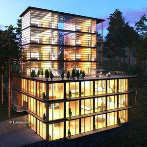 maison préfabriquée / contemporaine / en bois lamellé-collé / en verre