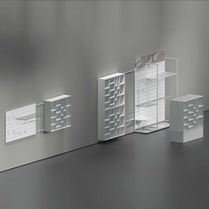présentoir mural / en bois / en verre / à panneau