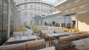 pergola autoportée / en aluminium / couverture coulissante en toile PVC / rétractable