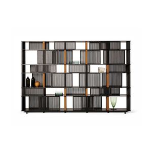 bibliothèque contemporaine / en plaqué bois / en cuir / en HPL