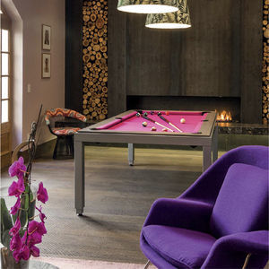 table à manger design / en plaqué bois / en acier à revêtement par poudre / avec piètement en métal