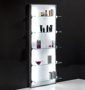 présentoir mural / pour produits de beauté / en métal / en verre