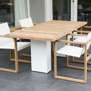 table à manger contemporaine / en teck / en métal poli / en acier inoxydable brossé