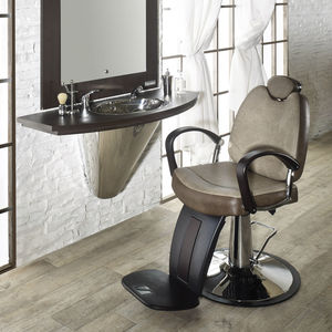 fauteuil de barbier en acier chromé / en bois / en simili cuir / avec repose-tête