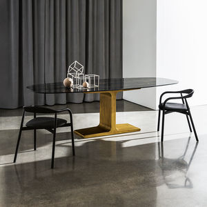 table à manger contemporaine / en bois / en verre trempé / en verre laqué