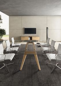 table de réunion contemporaine / en verre / en plaqué bois / ronde