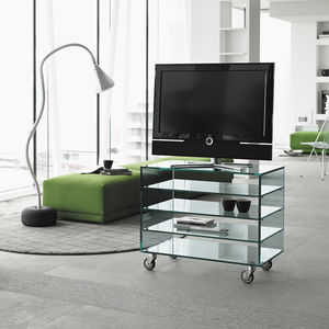meuble TV contemporain / avec roulettes / en verre