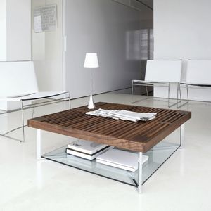 table basse contemporaine / en noyer / en verre trempé / en acier chromé