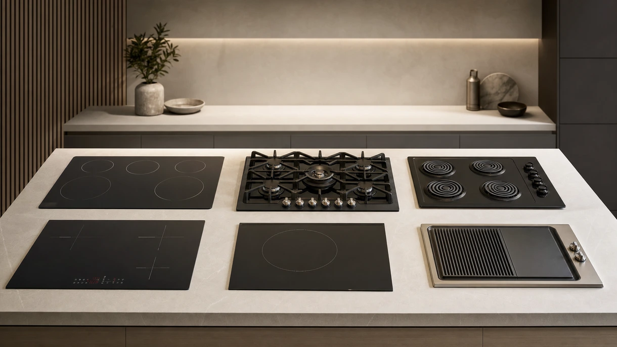 Table de cuisson à induction professionnelle intégrée dans un îlot minimaliste en marbre au sein d'une suite hôtelière de luxe.