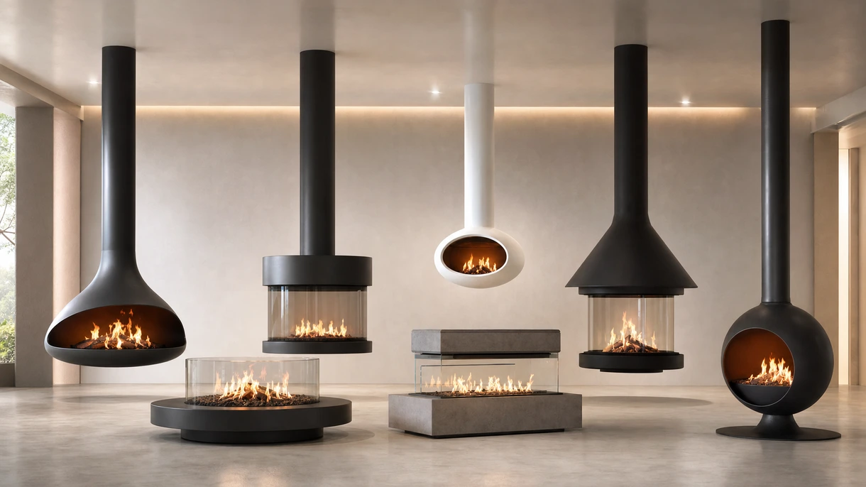 Cheminée centrale suspendue moderne dans un hall d'hôtel haut de gamme, dotée d'un foyer en acier minimaliste et d'une conception à flamme ouverte.