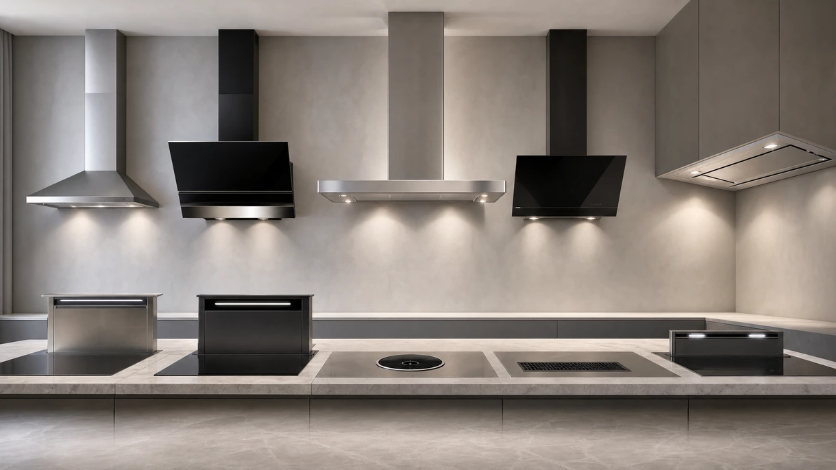 Hotte de cuisine professionnelle en acier inoxydable installée au-dessus d'une plaque de cuisson à induction commerciale dans une cuisine moderne minimaliste.
