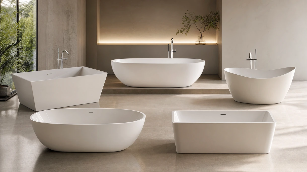 Salle de bains d'hôtel contemporaine avec une baignoire en composite blanc mat de type solid surface, installée devant une baie vitrée toute hauteur.