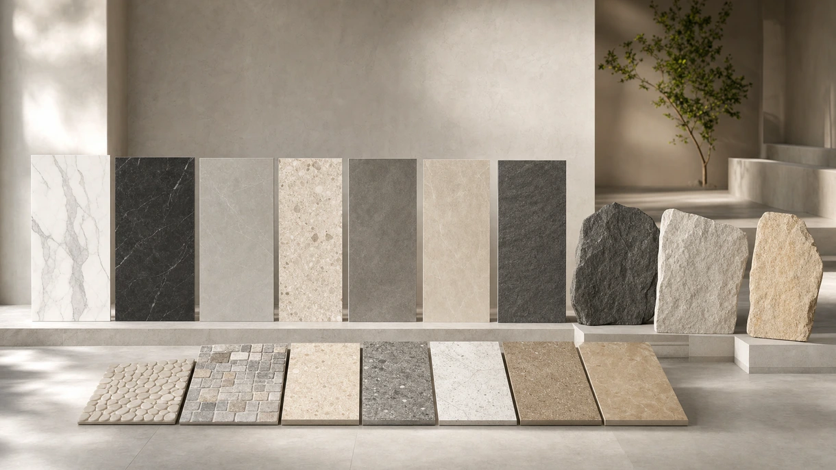 Carrelage aspect pierre en grès cérame gris installé dans le hall d'un bureau commercial moderne, illustrant un revêtement de sol architectural de grand format sans joints visibles.