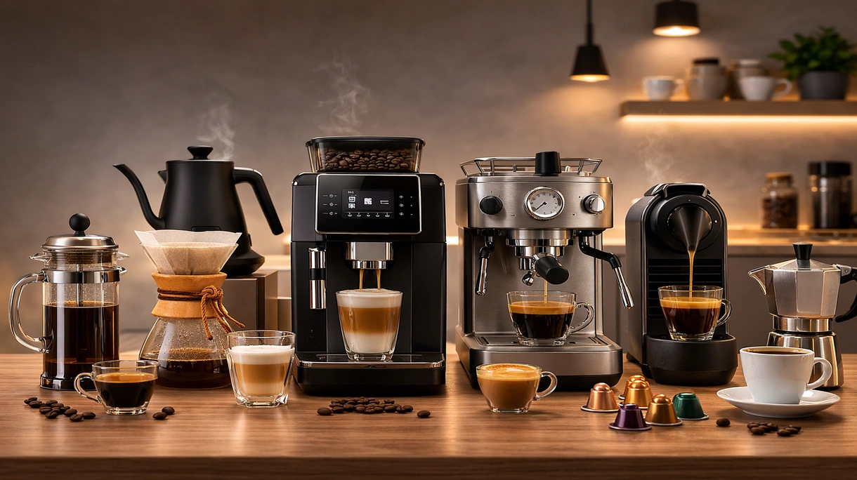 Machine à espresso professionnelle intégrée dans le bar du hall d'un hôtel de luxe moderne avec des finitions architecturales minimalistes.