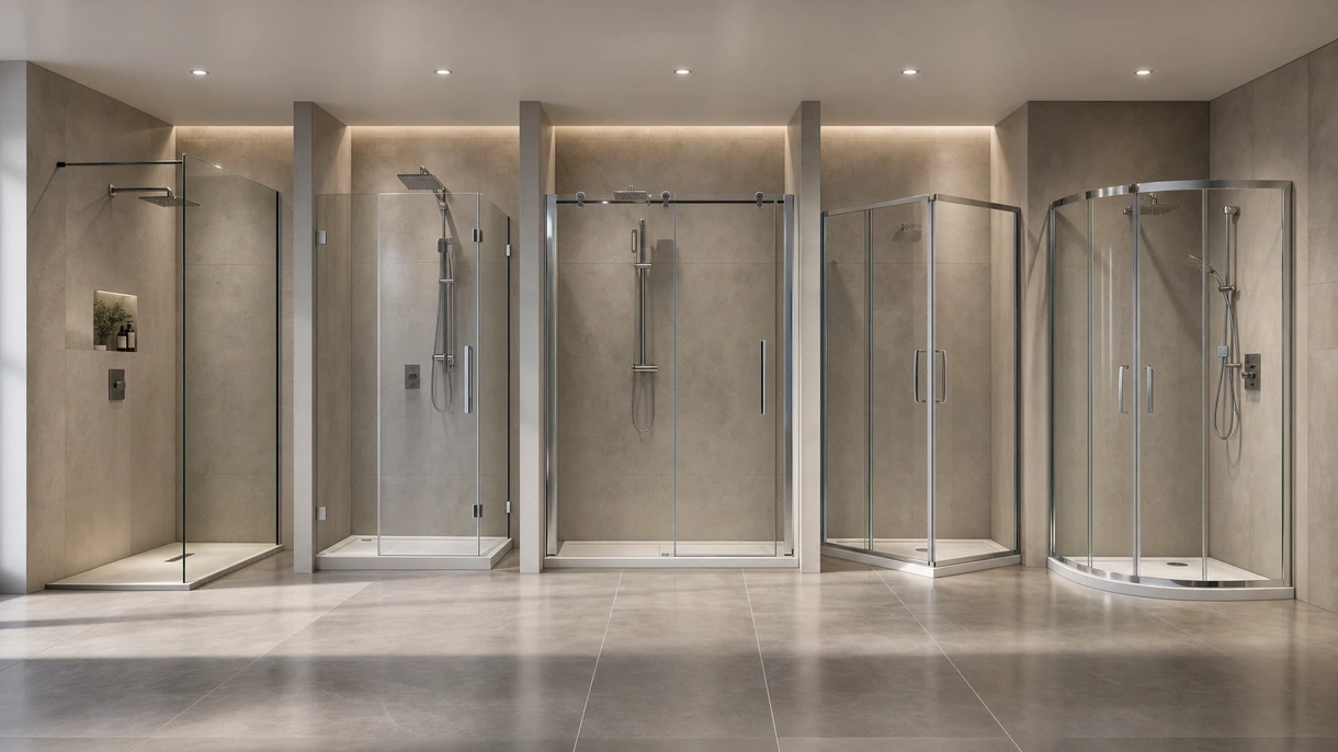 Salle de bains d'hôtel moderne avec paroi de douche en verre sans cadre, quincaillerie noir mat et design minimaliste à l'italienne.