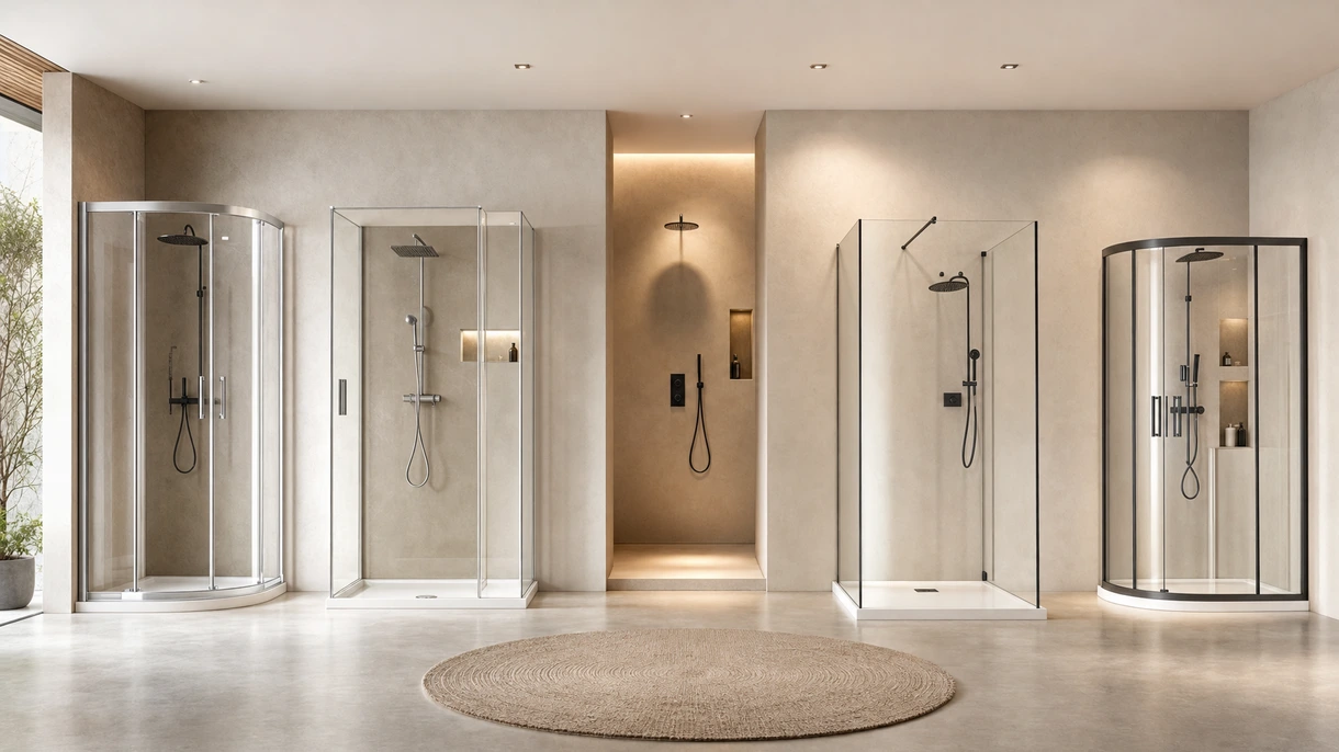 Cabine de douche moderne en verre sans cadre installée dans une suite d'hôtel de luxe avec robinetterie noir mat minimaliste et revêtement en pierre.