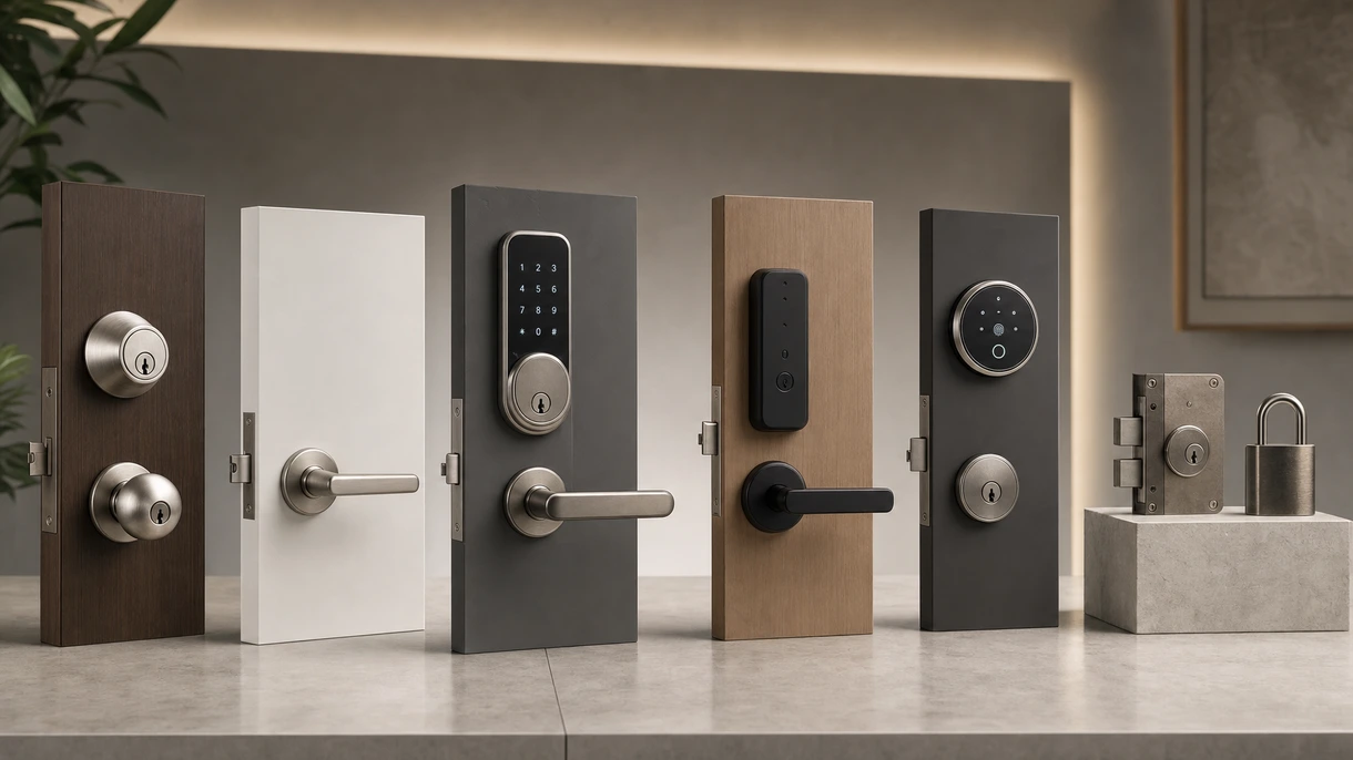 Installateur professionnel posant une serrure de porte électronique intelligente sur une porte de bureau moderne en verre dans le hall d'un bâtiment commercial.