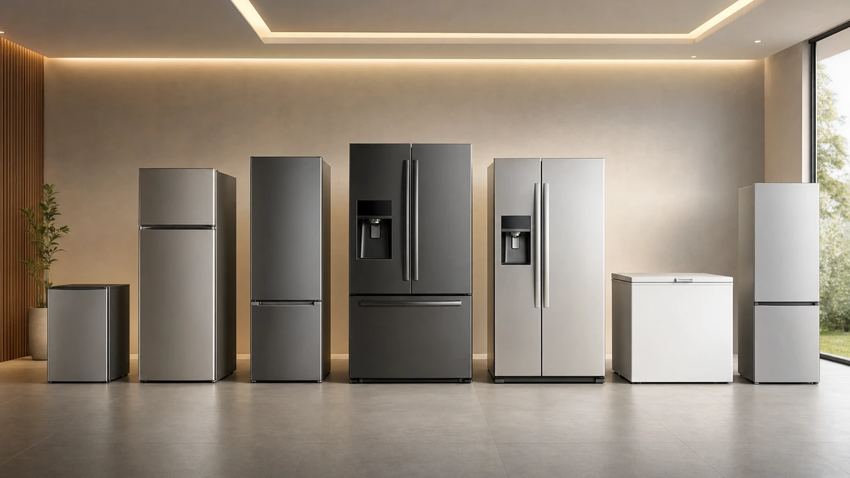 Réfrigérateur congélateur encastrable avec panneaux de bois personnalisés dans une cuisine de bureau professionnelle minimaliste dotée d'ébénisterie haut de gamme.