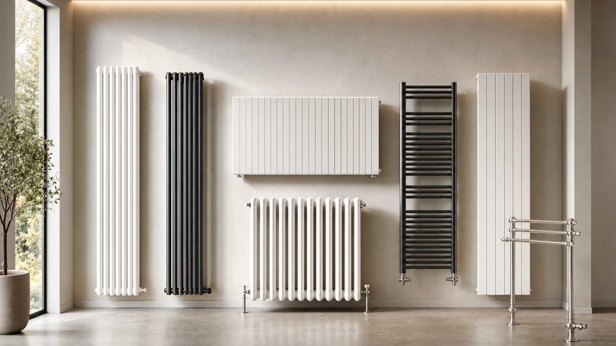 Radiateur hydraulique moderne installé dans le hall d'un bureau contemporain, présentant des lignes épurées et une intégration architecturale efficace pour un chauffage professionnel.