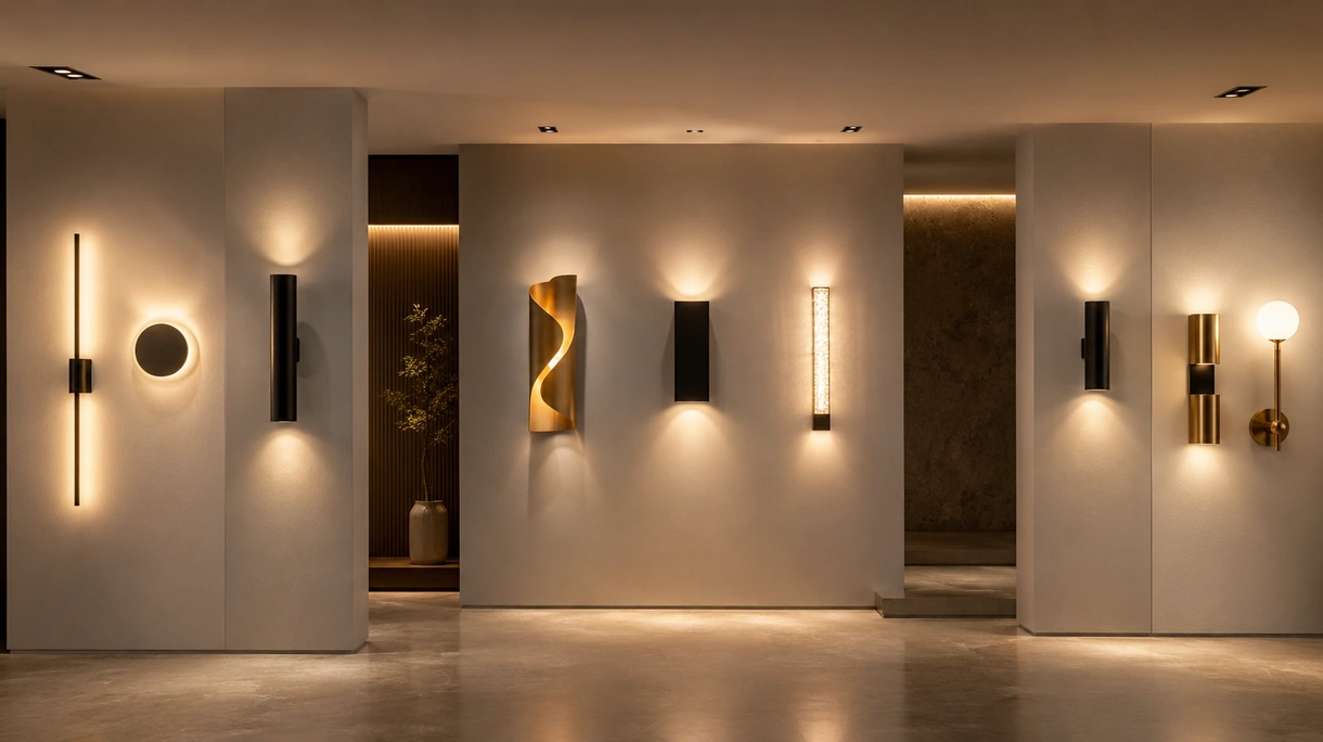 Applique murale LED moderne éclairant un couloir d'hôtel minimaliste, illustrant une distribution de lumière indirecte dans un environnement hôtelier professionnel.