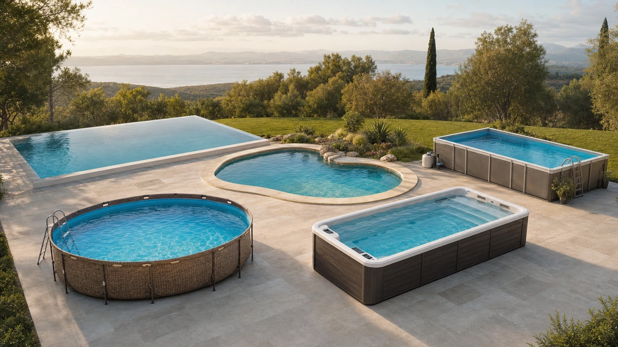 Installation professionnelle d'une piscine à débordement sur la terrasse de toit d'un hôtel de luxe avec garde-corps en verre architectural et revêtement en pierre.