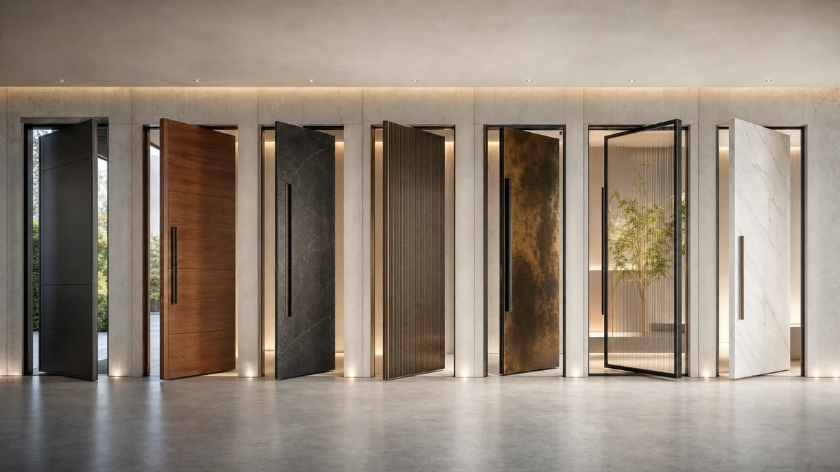 Grande porte à pivot minimaliste en chêne foncé installée dans un hall d'accueil d'entreprise moderne avec de hauts plafonds et des sols en marbre.