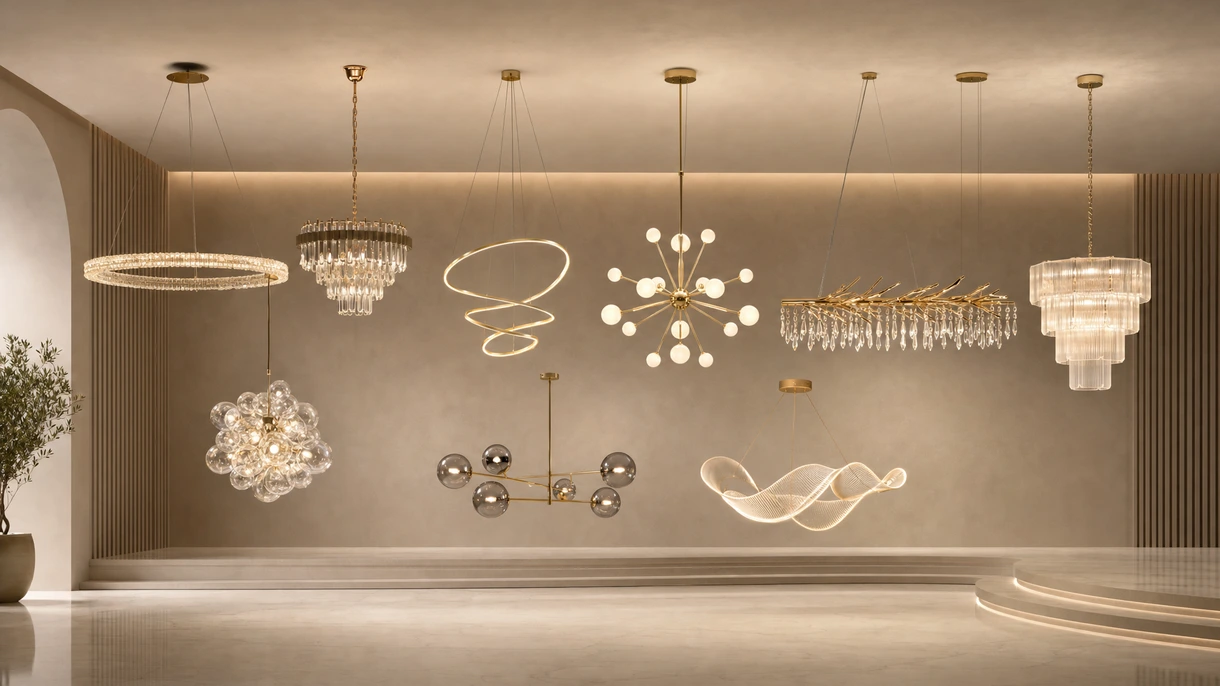 Lustre contemporain dans le hall d'un hôtel de luxe, illustrant un design d'éclairage architectural haute performance pour l'hôtellerie.