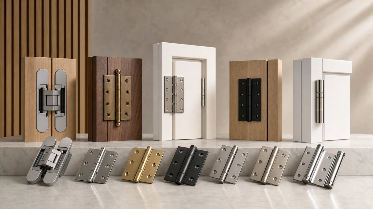 Charnière de porte invisible architecturale installée sur une porte intérieure minimaliste en chêne au sein d'un couloir d'immeuble de bureaux moderne de standing.