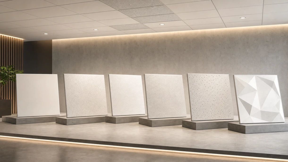 Bureau moderne en open-space doté d'un faux-plafond acoustique modulaire blanc avec éclairage LED linéaire intégré et postes de travail.