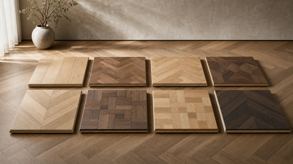 Intérieur de bureau moderne avec un parquet contrecollé à larges lames installé dans une vaste zone de réception professionnelle en espace ouvert.