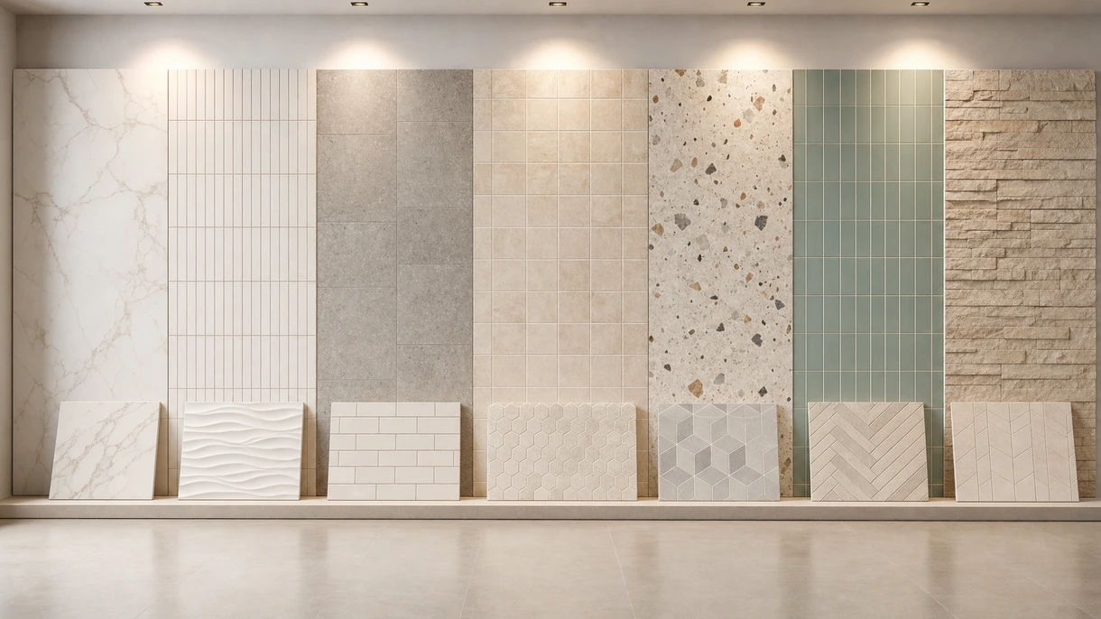 Poseur professionnel appliquant du carrelage mural en grès cérame grand format dans le hall d'un hôtel de luxe, utilisant un système de nivellement pour plus de précision.
