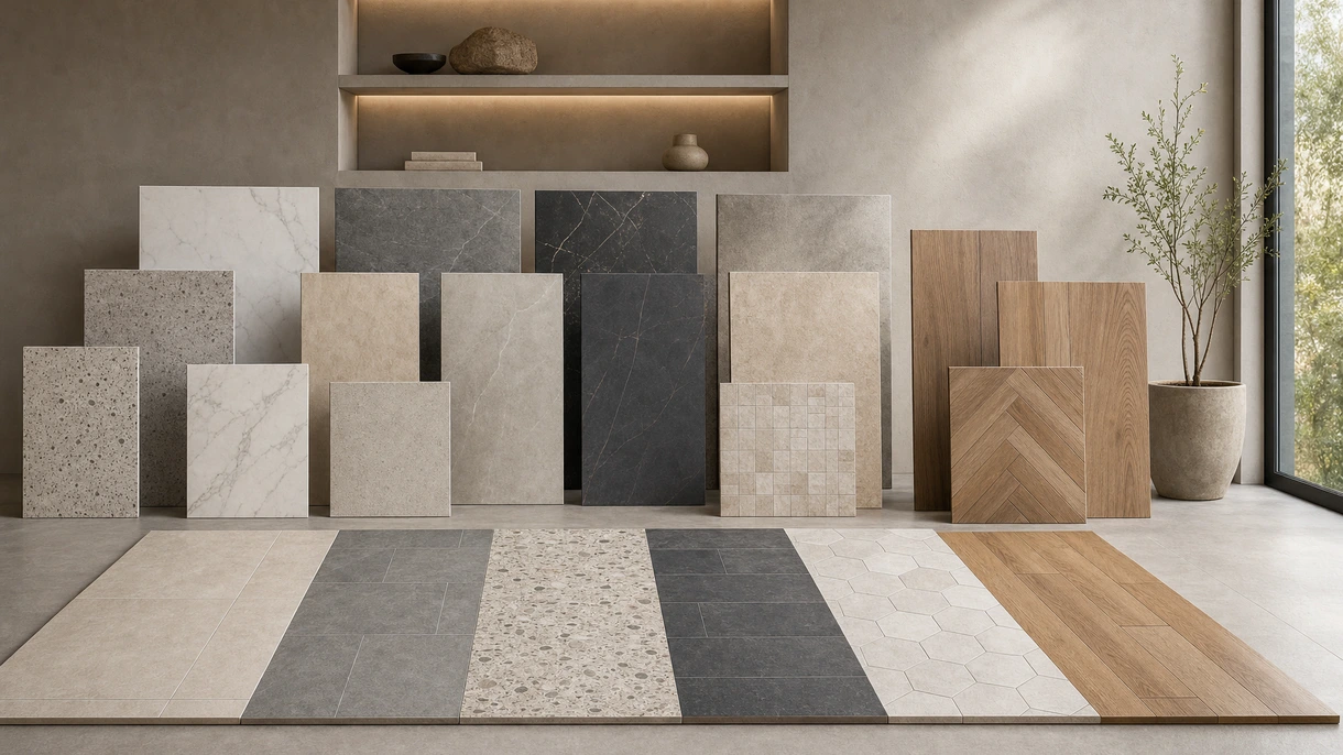Installation professionnelle de carreaux en grès cérame gris grand format dans un hall d'accueil de bureaux commerciaux modernes à fort trafic.
