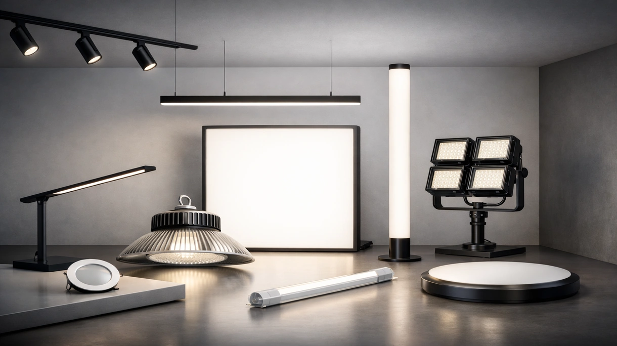 Luminaires à LED encastrés installés dans le plafond d'un bureau paysager moderne, offrant un éclairage de poste de travail uniforme et sans éblouissement pour les employés.