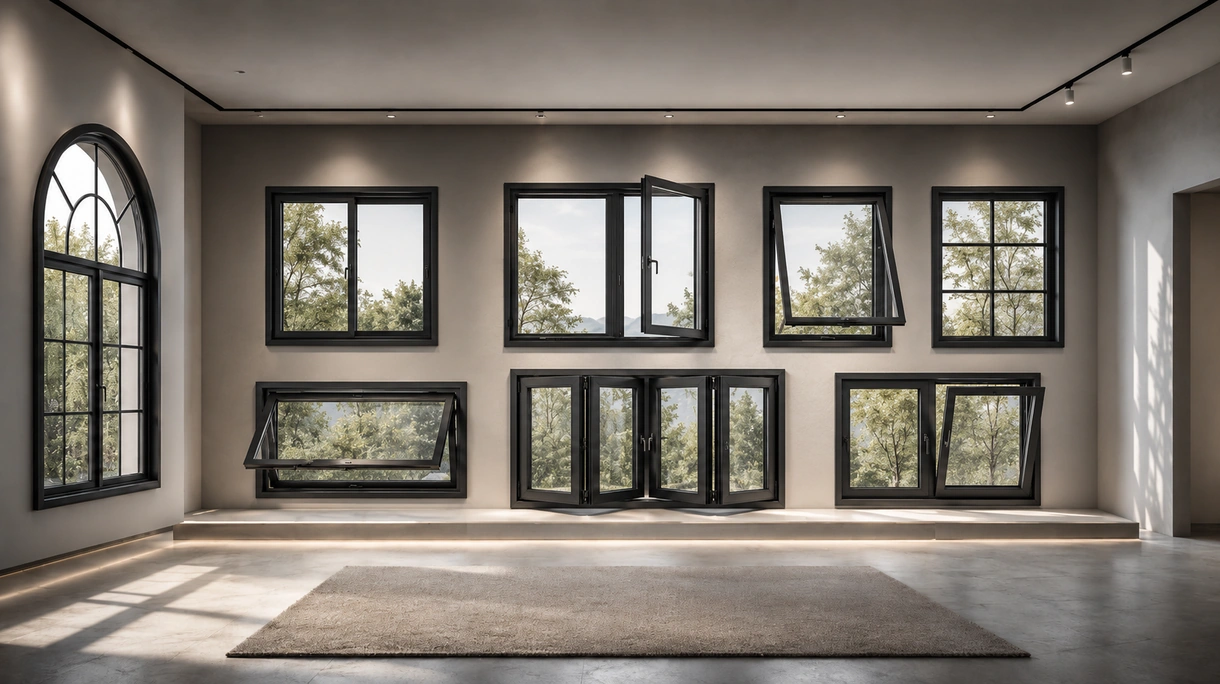 Bâtiment de bureaux moderne doté de fenêtres en métal en aluminium noir à profilé mince, allant du sol au plafond, dans un intérieur d'entreprise minimaliste.