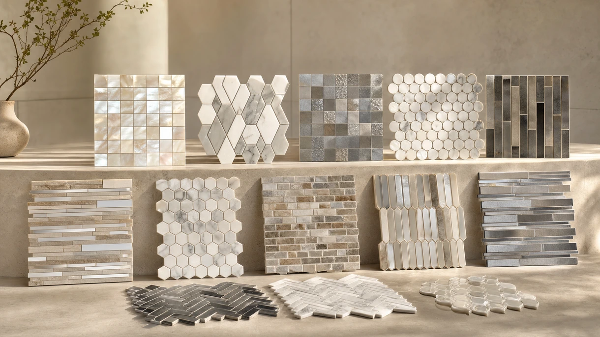 Installation professionnelle de mosaïque d'intérieur en verre irisé sur le mur d'un hall d'hôtel de luxe, présentant un alignement précis des joints.