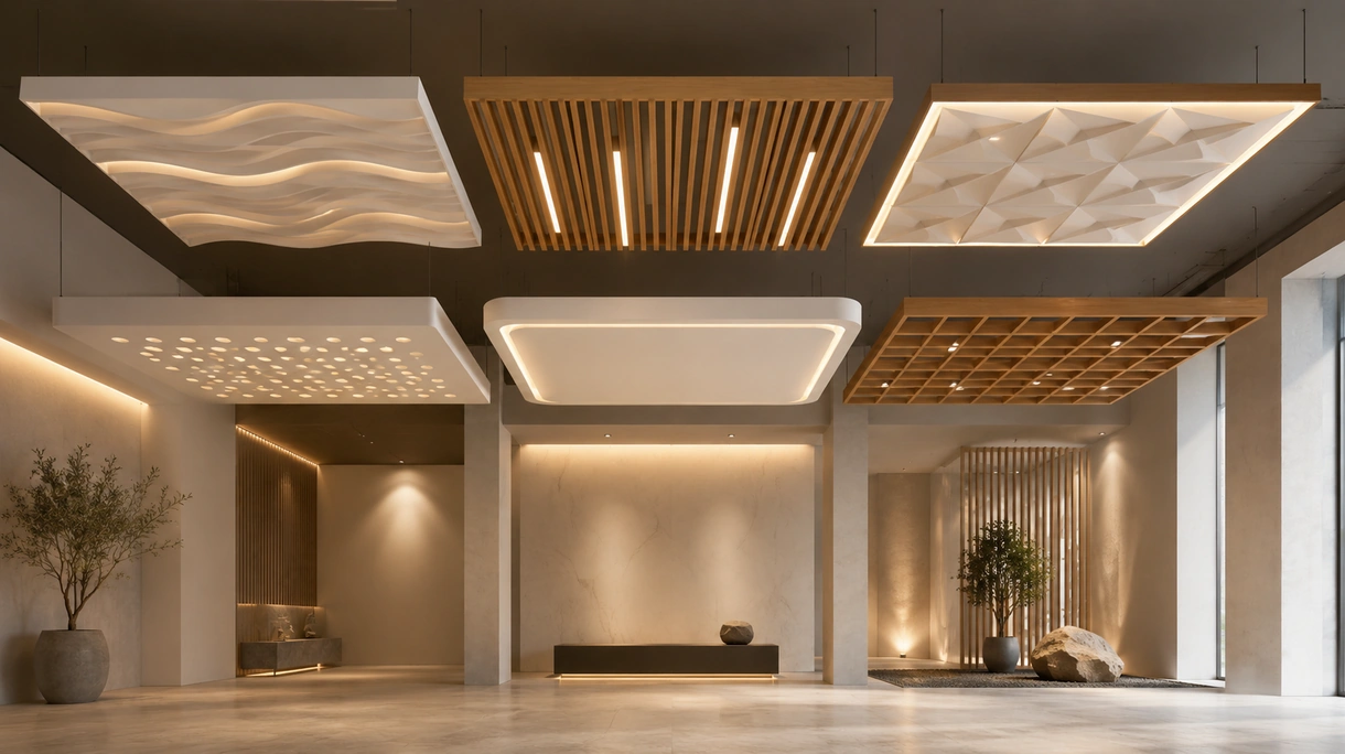 Hall d'accueil d'entreprise moderne doté d'un faux-plafond décoratif acoustique haute performance avec éclairage linéaire intégré et baffles en bois.