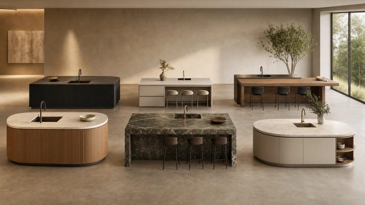 Cuisine avec îlot professionnelle dans un penthouse de luxe à plan ouvert, dotée de sièges intégrés et de surfaces en marbre haut de gamme.