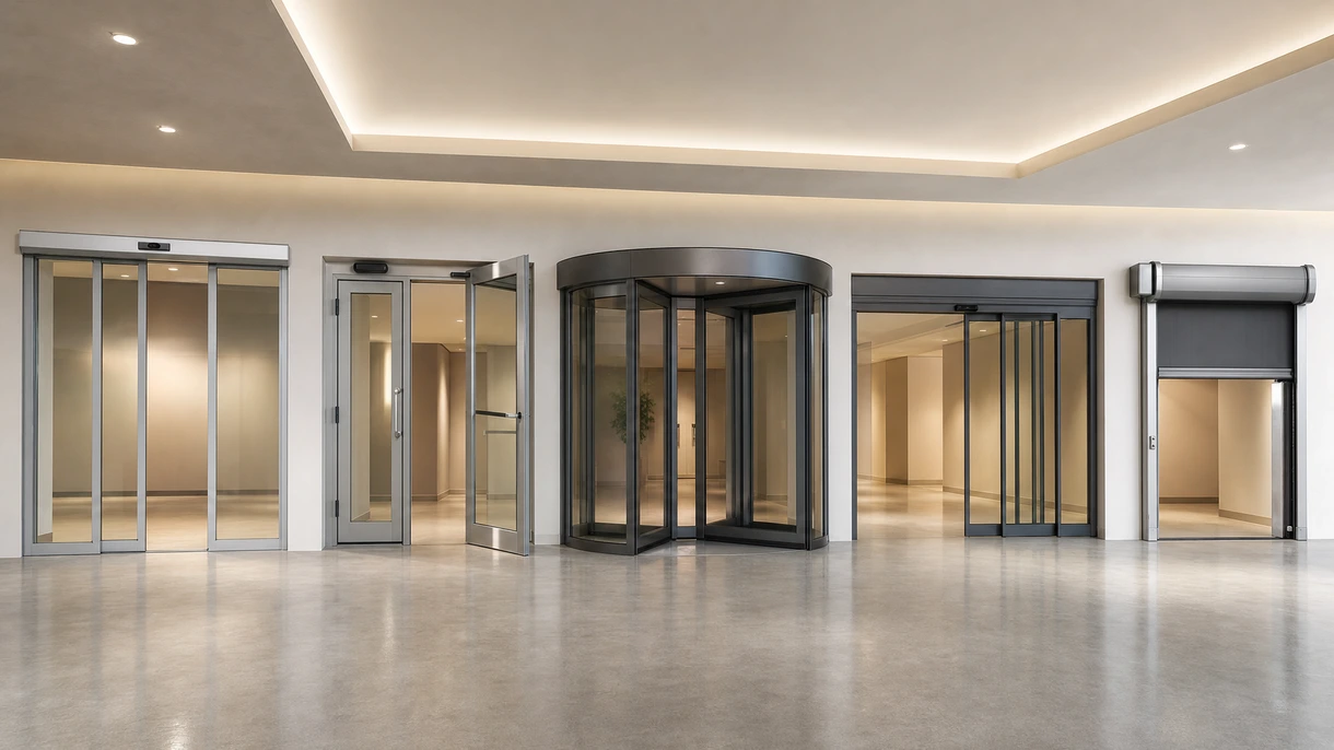 Porte automatique coulissante moderne en verre à l'entrée d'un bâtiment commercial avec des piétons entrant dans un hall de bureaux professionnel lumineux.