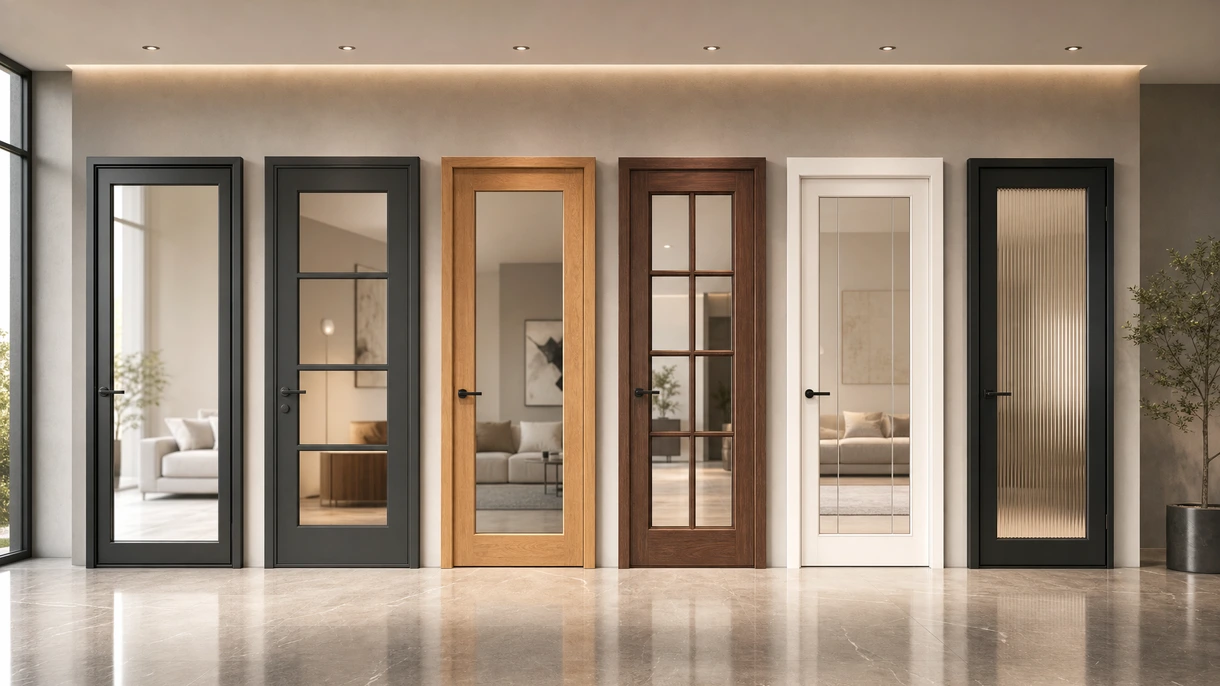 Porte vitrée minimaliste moderne installée dans le hall de bureaux d'une entreprise haut de gamme, apportant lumière naturelle et transparence.