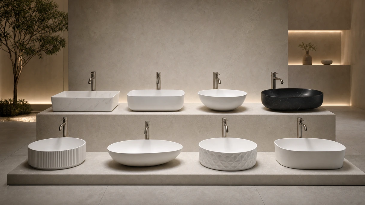 Sanitaires modernes d'un établissement recevant du public présentant des vasques à poser blanc mat installées sur un plan de toilette en marbre sombre avec robinetterie murale.