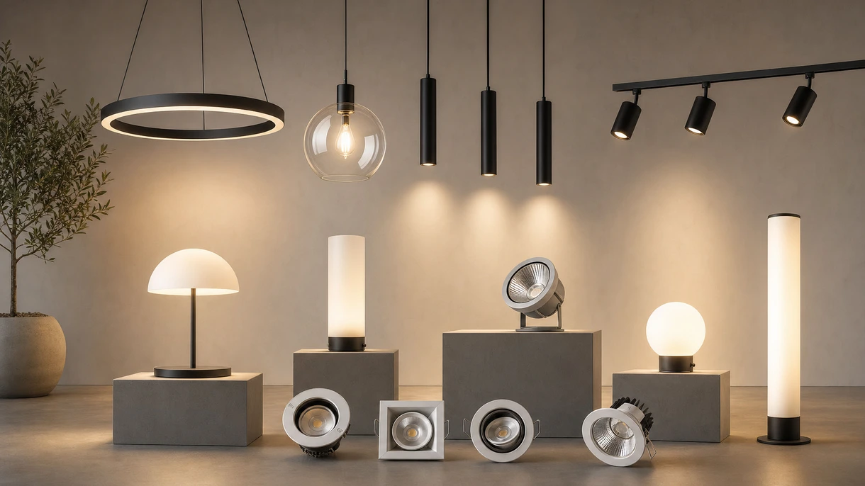 Intérieur de bureau architectural moderne avec des luminaires dimmables encastrés éclairant une zone de table de conférence professionnelle.