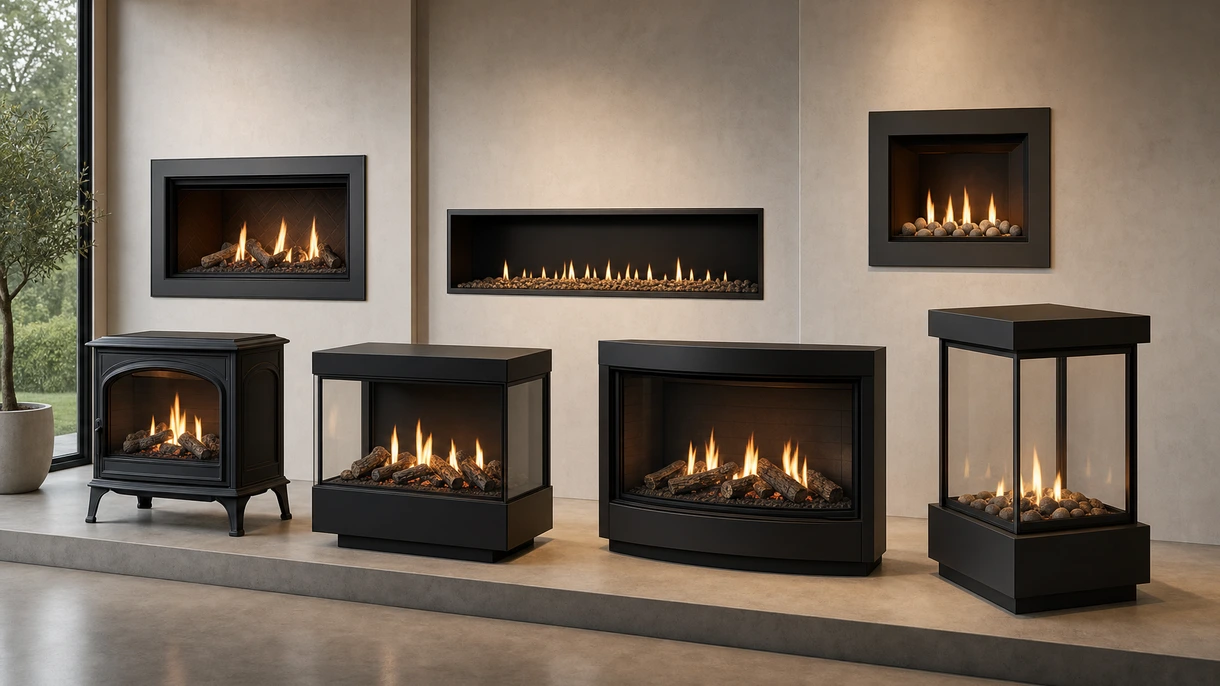 Cheminée à gaz linéaire moderne intégrée dans le mur d'un hall d'hôtel minimaliste avec parement en pierre et éclairage d'ambiance chaleureux.