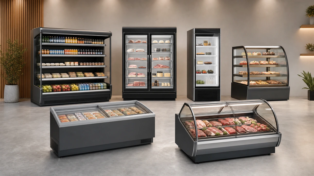 Vitrine réfrigérée professionnelle intégrée dans l'aménagement d'une boulangerie moderne, dotée de finitions en métal noir épuré et de surfaces en verre transparent.