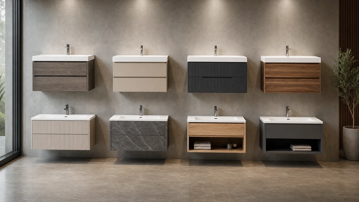 Salle de bains d'hôtel moderne équipée d'un meuble vasque suspendu en chêne naturel avec vasque en céramique intégrée et robinetterie design.