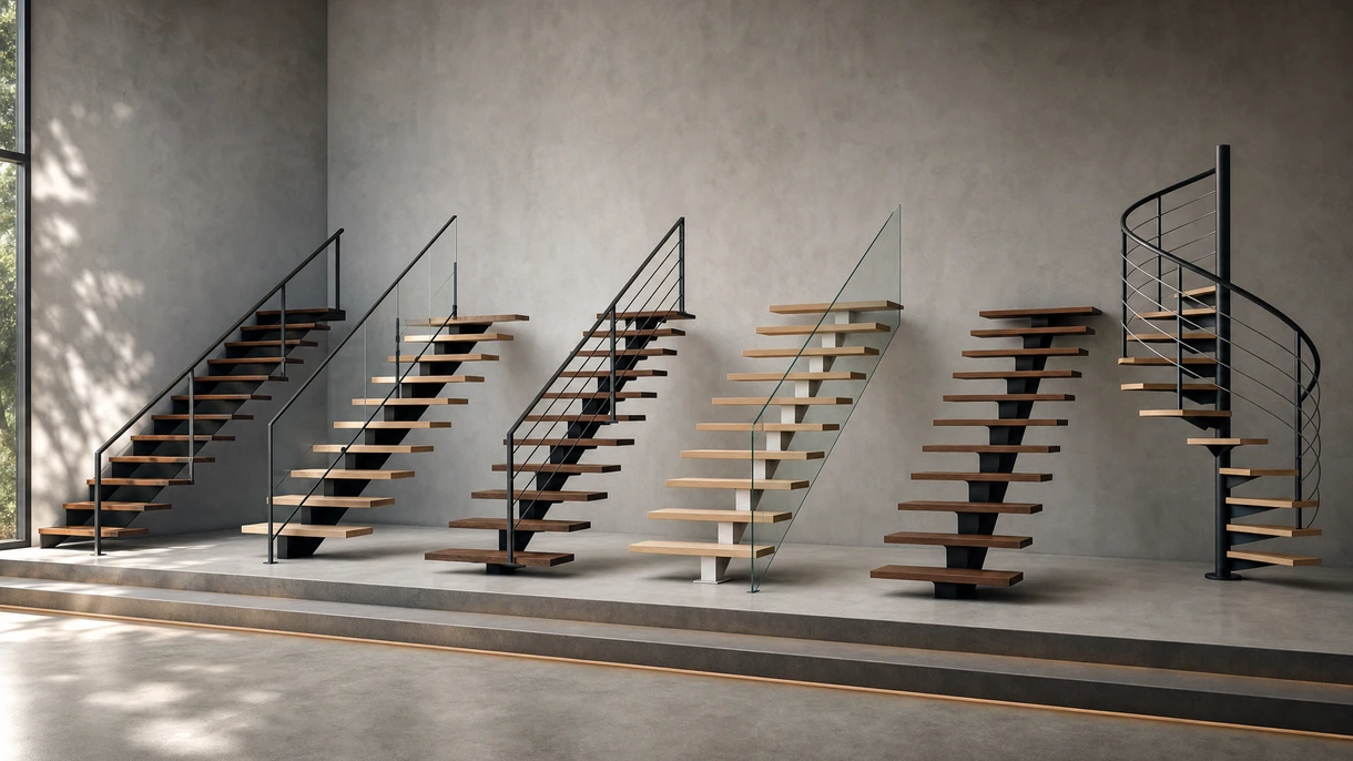 Escalier sans contremarche moderne avec marches en chêne dans un hall d'hôtel minimaliste, doté de garde-corps en verre et d'un limon central en acier.