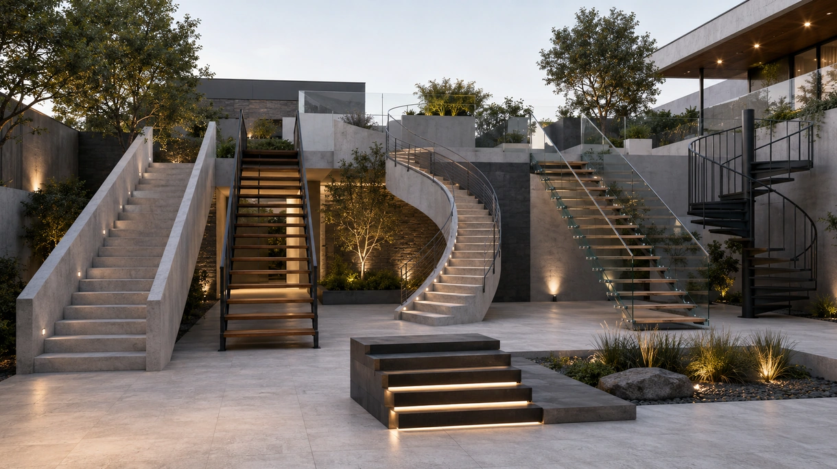 Extérieur d'un immeuble de bureaux moderne présentant un escalier d'extérieur en porte-à-faux en acier avec garde-corps en verre et éclairage de sécurité intégré.