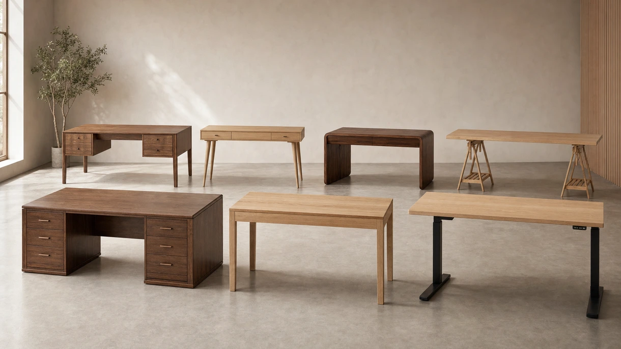 Architecte dans un bureau européen moderne travaillant sur un bureau en bois de chêne massif durable avec gestion intégrée des câbles et de l'éclairage.