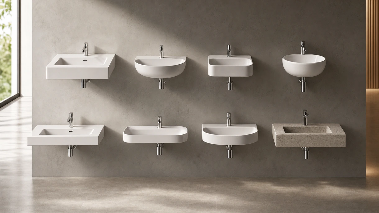 Vasque suspendue minimaliste dans une salle de bains d'hôtel de luxe avec robinetterie noir mat et carrelage mural en grès cérame grand format.